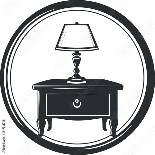 Black and white illustration of a classic table with a lamp on top inside a circular frame