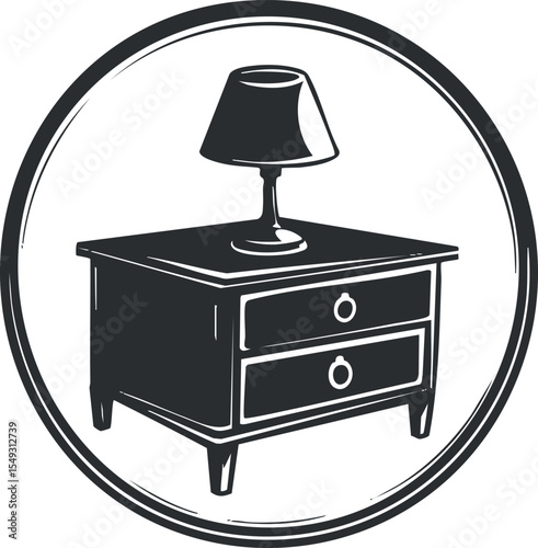 Black and white illustration of a bedside table with two drawers and a table lamp on top inside a circular frame
