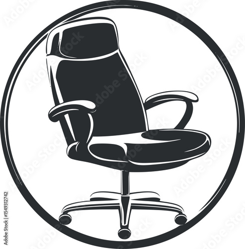 Black and white vector illustration of a modern office chair with armrests and wheels inside a circular frame