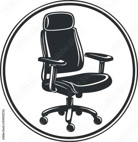 Black and white illustration of an ergonomic office chair with armrests and wheels in a circular frame