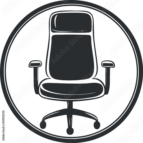 Black office chair with armrests and wheels isolated in a circular frame, ergonomic design for workplace