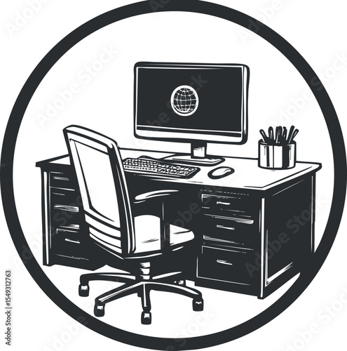 Black and white illustration of an office desk setup with computer, chair, and stationery in a circular frame.