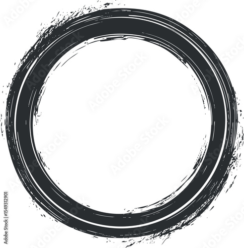 Black grunge circle frame with rough brush strokes isolated on white background