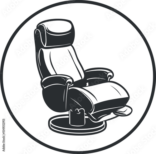 Black and white illustration of a modern recliner chair with armrests and footrest inside a circle