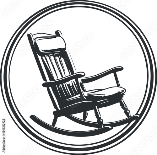 Black and white illustration of a classic wooden rocking chair with cushions inside a circular frame