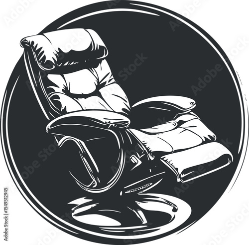 Black and white vector illustration of a modern leather recliner chair with cushioned armrests and headrest