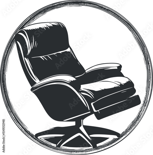 Black and white illustration of a comfortable recliner armchair with padded seat and footrest inside a circular frame