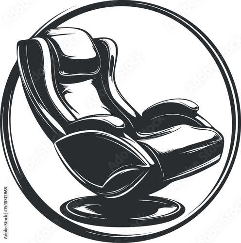 Black and white line art illustration of a modern reclining armchair with cushioning inside a circular frame