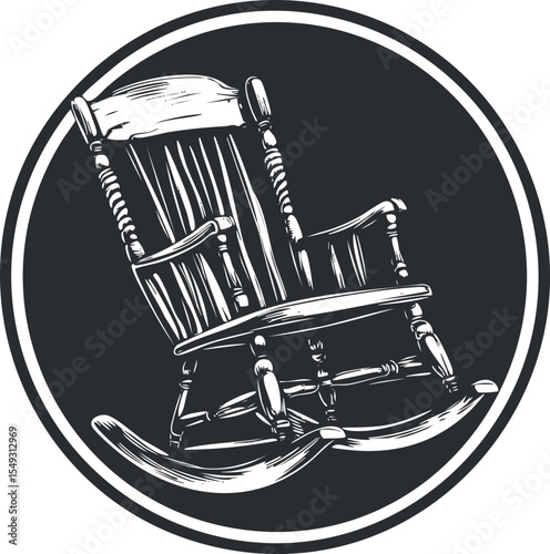 Black and white illustration of a classic wooden rocking chair with armrests inside a circular frame