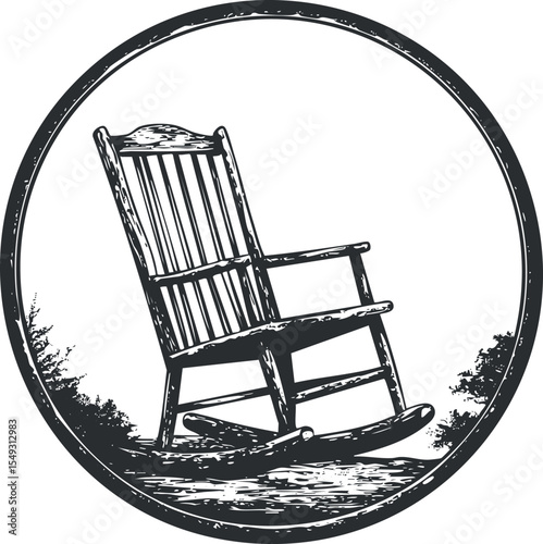 Black and white illustration of a classic wooden rocking chair isolated on white background