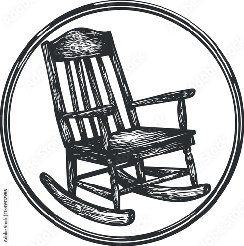 Black and white illustration of a classic wooden rocking chair isolated on white background