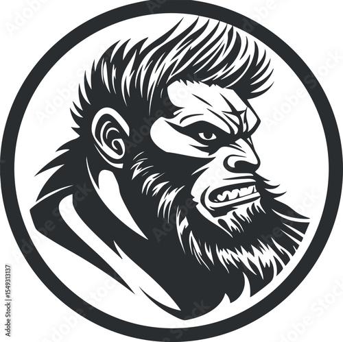 Vector illustration of an angry bearded male warrior head in profile with fierce expression inside a circle frame