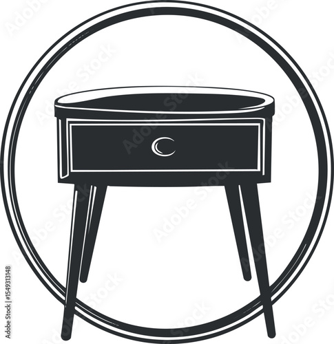 Black and white illustration of a modern side table with one drawer inside a circular frame