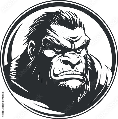 Black and white illustration of an angry gorilla face in a circular frame showing strength and intensity
