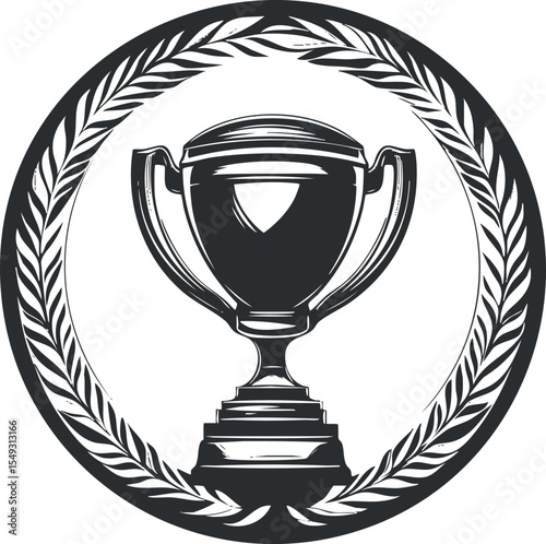 Black and white illustration of a trophy cup inside a laurel wreath circle symbolizing victory and achievement