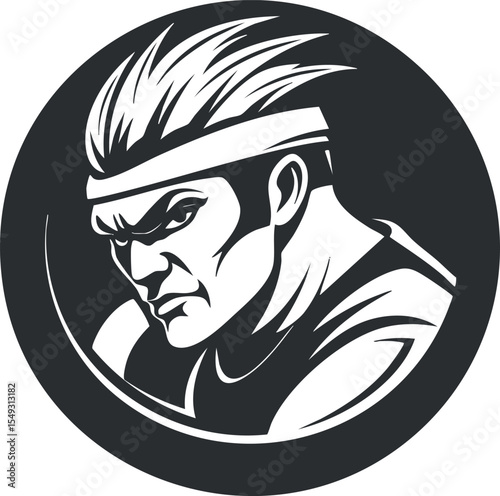 Black and white stylized profile illustration of an angry martial artist fighter wearing a headband in a circular frame