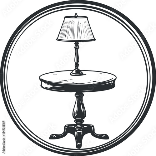 Black and white illustration of a vintage round wooden table with a classic lamp on top inside a circular frame