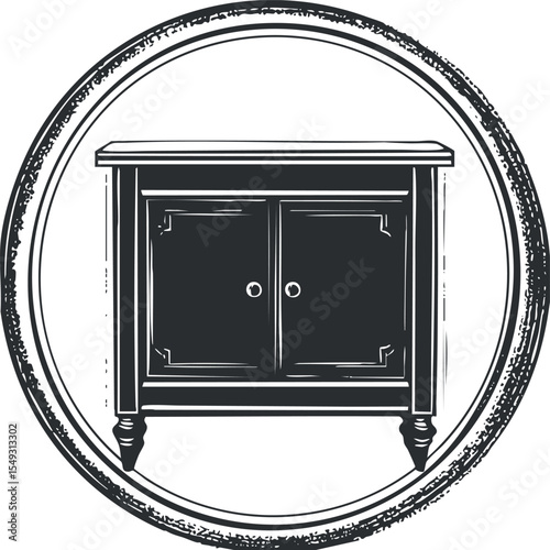 Black and white vintage style illustration of a classic wooden cabinet with two doors and decorative legs inside a circular frame