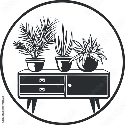 Black and white illustration of three potted indoor plants on a modern cabinet with drawers and door