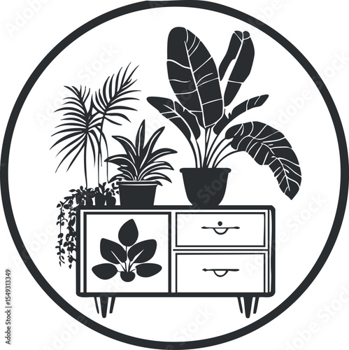 Silhouette illustration of potted indoor plants placed on a modern cabinet with drawers and doors
