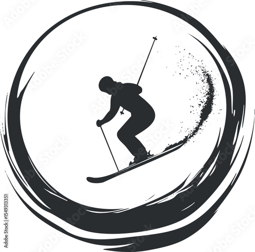 Silhouette of a skier in action jumping with ski poles surrounded by a circular brushstroke design