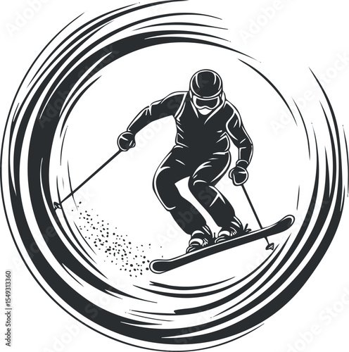 Stylized black and white illustration of a skier jumping with speed and motion effects in a circular design