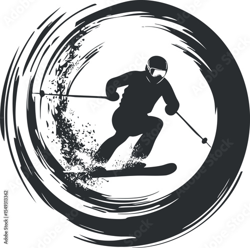 Black and white silhouette of a skier skiing downhill with speed and motion effects