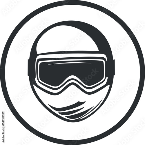 Black and white icon of a helmet with goggles and face mask inside a circle symbolizing protective headgear for sports or safety