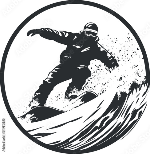 Silhouette of a snowboarder performing an action ride on a snowy mountain slope with snow spray.