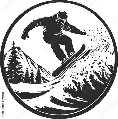 Silhouette of a snowboarder jumping on a snowy mountain slope with trees and mountains in the background
