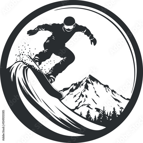 Black and white illustration of a snowboarder performing a jump with mountain and forest background