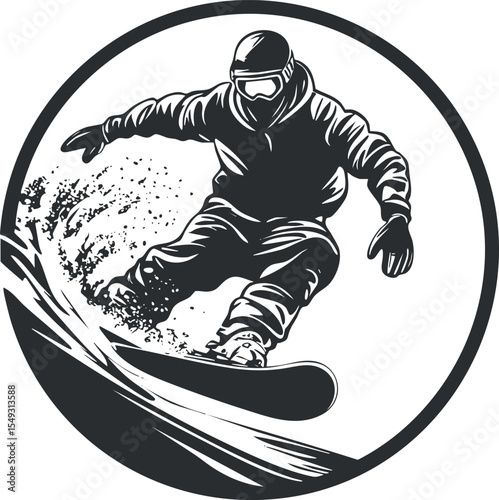 Black and white illustration of a snowboarder in action riding down a mountain slope, showing dynamic movement and winter sports.