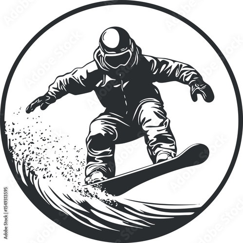 Black and white illustration of a snowboarder performing an airborne trick with snow spray in a circular frame.