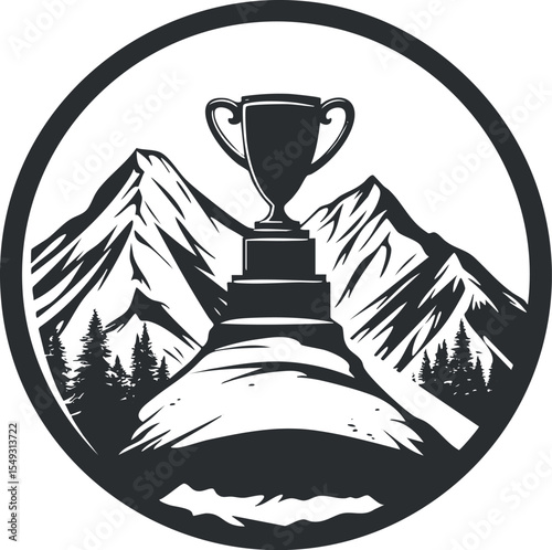 Trophy cup symbolizing achievement and victory placed on a mountain peak with surrounding forest and hills.