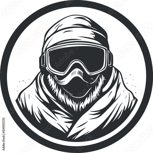 Monochrome illustration of a snowboarder wearing goggles, a hat, and scarf inside a circular frame.