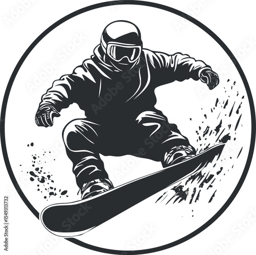 Black and white illustration of a snowboarder jumping with dynamic snow spray inside a circular frame