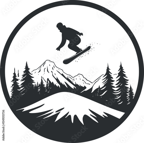 Silhouette of a snowboarder jumping over a snowy hill with mountain and pine tree background in circular frame