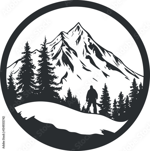 Silhouette of a person hiking in a forested mountain landscape with tall pine trees and a prominent peak