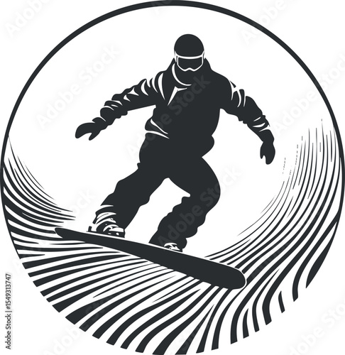 Black and white illustration of a snowboarder riding on a curved snow track in winter sports action.