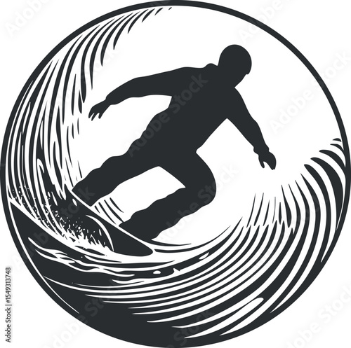 Silhouette of a surfer riding a large curling ocean wave in a circular design