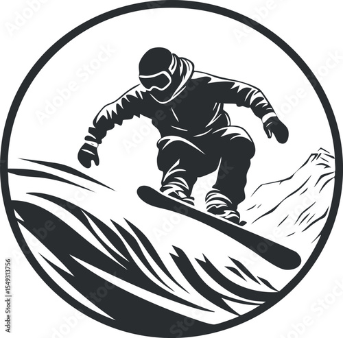 Black and white illustration of a snowboarder performing a jump on a snowy mountain slope with winter gear.
