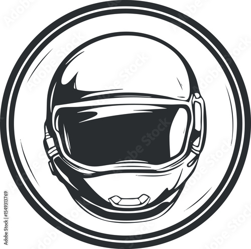 Black and white illustration of a motorcycle helmet with visor viewed from the front inside a circular border