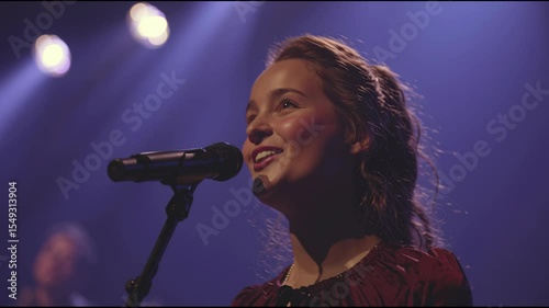 A talented singer smiles and raises her hand towards an enthusiastic crowd, showcasing her connection with the audience during an exhilarating live performance at a music venue
