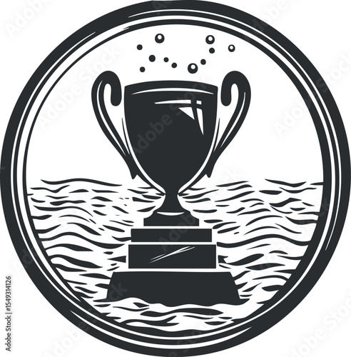 Black and white illustration of a trophy cup on a pedestal surrounded by waves inside a circular emblem symbolizing victory and achievement.