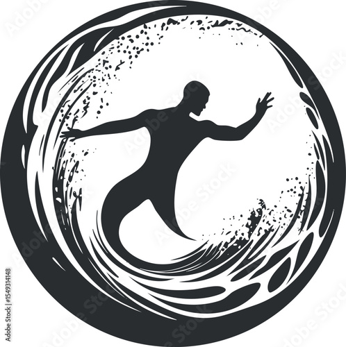 Silhouette of a surfer riding a powerful ocean wave captured in dynamic black and white art style.