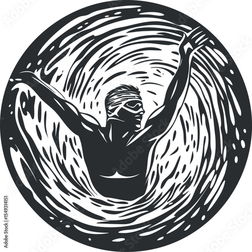 Black and white illustration of a swimmer with goggles emerging from water surrounded by dynamic swirling waves
