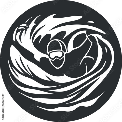 Silhouette of a snowboarder performing a dynamic jump in winter sports action with helmet and goggles