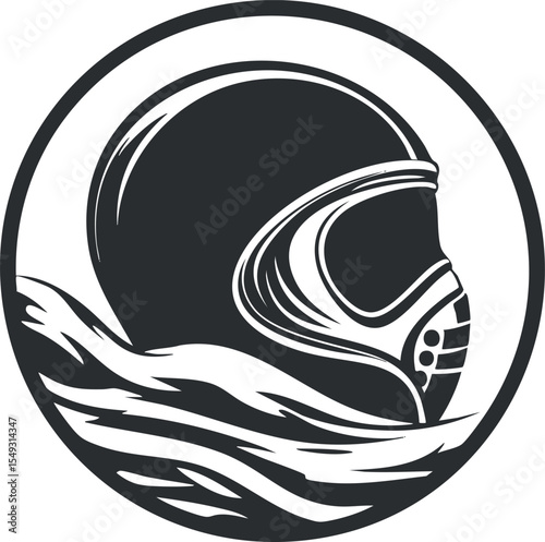 Black and white stylized illustration of a motorcycle helmet with visor inside a circle