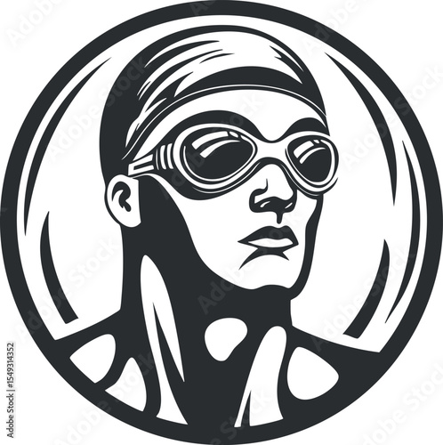 Monochrome vector illustration of a male swimmer wearing goggles and headband in circular frame
