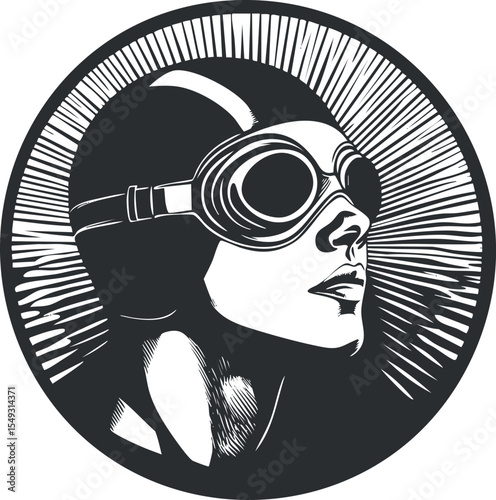 Black and white vintage style portrait illustration of a pilot wearing goggles and helmet in circular frame